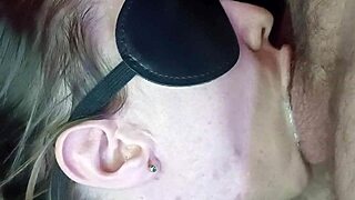 blonde wife sloppy spits close up blowjob cum facial on small cock 💦