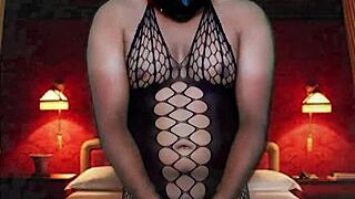 Sexy Masked Girl Tries Full Body Stocking Bondage In Blue Room