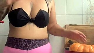 Exhibitionist Wife Flashes Big Pussy Lips Cooking Husband's Friend Dinner Halloween