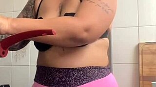Exhibitionist Wife Flashes Big Pussy Lips Cooking Husband's Friend Dinner Halloween