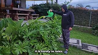 big-titted brunette boss gets ass-shaking satisfaction from sexy gardener