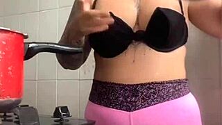 Exhibitionist Wife Flashes Big Pussy Lips Cooking Husband's Friend Dinner Halloween