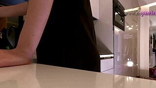 brunette wife teases kitchen in fishnets