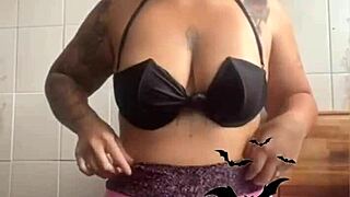 Exhibitionist Wife Flashes Big Pussy Lips Cooking Husband's Friend Dinner Halloween