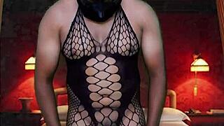 Sexy Masked Girl Tries Full Body Stocking Bondage In Blue Room