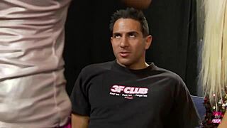 two lovely ladies stroke blow and fuck lucky guy with big tits bondage