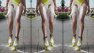 Cumshots drench high heels legs feet in public messy