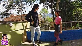 Petite Latina Teen Trains Cardio Outdoors Cum Covered By Tall Guy's Monster Cock