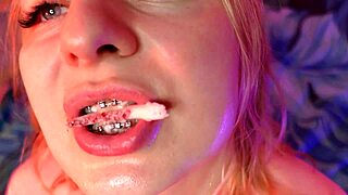 Braces Girl Swallows Food Fetish Cumshot Closeup