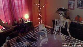 Teen tries anal on halloween with painful swallow fun