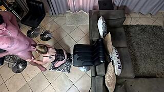 Mature Whore's Butterfly Pussy Pounded Hard in Fishnets on Chair