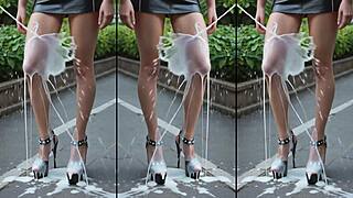 Cumshots drench high heels legs feet in public messy