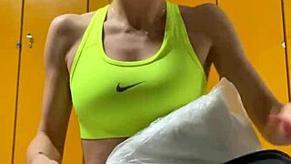wow cute muscular babe showers her skinny body and small tits post-gym!