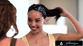 alexis tae and lumi ray's blindfolded ebony redhead pussy eating scissoring