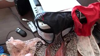watch me cum hard in wife's panties jerking off compilation?