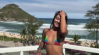 Ebony beach babe swollen pussy rides muscular cock orgasm
