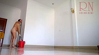 naked curvy maid without panties cleans juicy office space