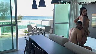 Ebony beach babe swollen pussy rides muscular cock orgasm
