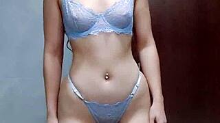 Brunette teen in blue lingerie spreads ass, booty claps teasing