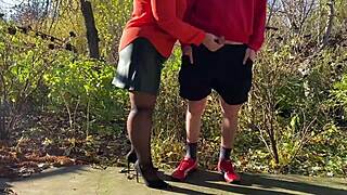 Heart races as mother-in-law grips my throbbing dick while peeing outdoors