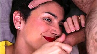 brunette smiles wide as he unloads cumshot on her face in close pov