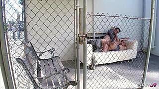 Blonde cougar stepmom seduces nerd boy with big cock for outdoor public quickie sex before heading home to ride him rough