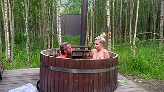 cute blonde sucks monster cock in outdoor bath