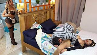 Lucky guy fucks girlfriend and cute maid ass tits in same room