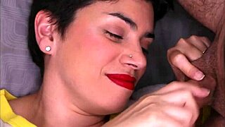 brunette smiles wide as he unloads cumshot on her face in close pov
