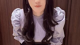 pretty curly-haired crossdresser masturbates quietly in solo japanese shemale fun
