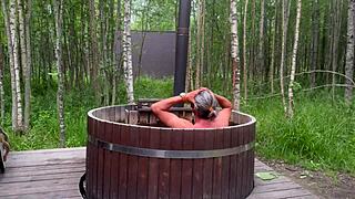 cute blonde sucks monster cock in outdoor bath