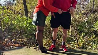 Heart races as mother-in-law grips my throbbing dick while peeing outdoors