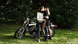 Muscular biker pounds girlfriend's pussy on motorcycle till she orgasms!