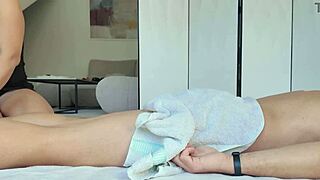 Oiled Thai Massage Turns Into Sensual Handjob On Floor Mat.
