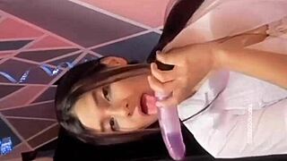 University girl rocks her dildo hard in steamy solo play