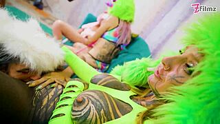 what if tattooed goths in costumes orgy with dildos till shaved pussy orgasms?