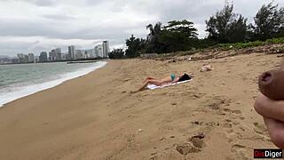 Public Beach Cock Flashing Ends with Cum on Tits