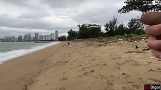 Public Beach Cock Flashing Ends with Cum on Tits