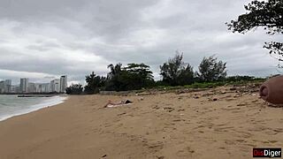 Public Beach Cock Flashing Ends with Cum on Tits