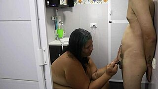 Skinny latina milf neighbor shaves cock then squirts on toilet cum tits