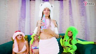 what if tattooed goths in costumes orgy with dildos till shaved pussy orgasms?