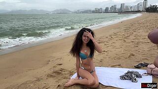 Public Beach Cock Flashing Ends with Cum on Tits