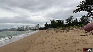 Public Beach Cock Flashing Ends with Cum on Tits