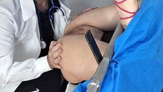 blindfolded cuckold wife flashes nurse uniform for kinky hospital humiliation by old gyno