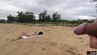 Public Beach Cock Flashing Ends with Cum on Tits