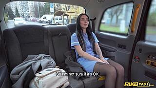 hot nurse uniform blows driver then rides cock in fake taxi!