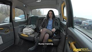 hot nurse uniform blows driver then rides cock in fake taxi!