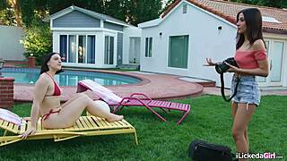 latina lesbian photographer licks petite models shaved pussies outdoor