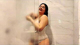 Chubby brunette showers, sucks cock after piss soak