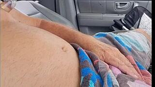 Old lady spies my throbbing cock wank in the car